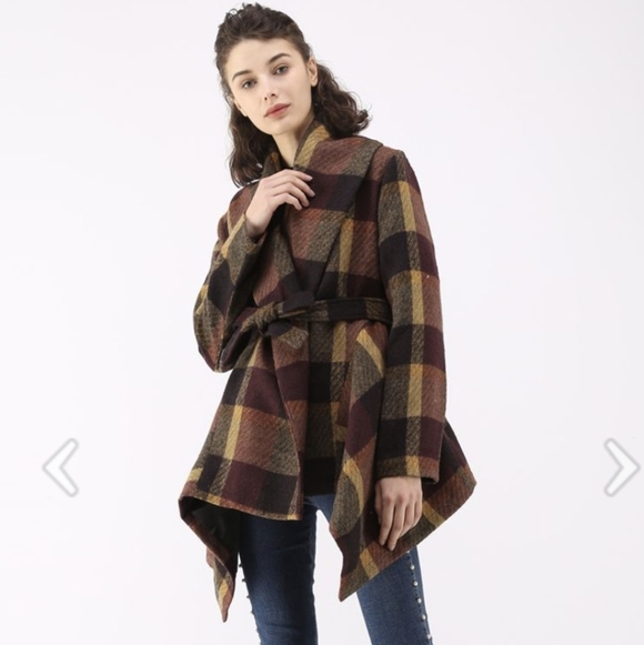Chicwish Prairie Rabato Wrap Coat with Belt Wool Burgundy & Mustard Plaid - Picture 4 of 14